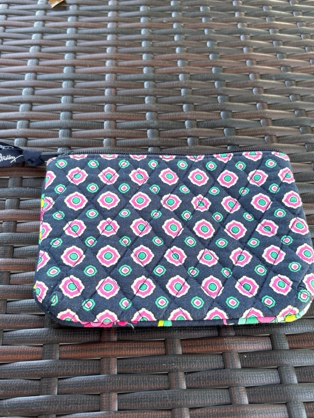 Vera Bradley Quilted Zip Pouch - Navy with Pink & Green Medallion Print